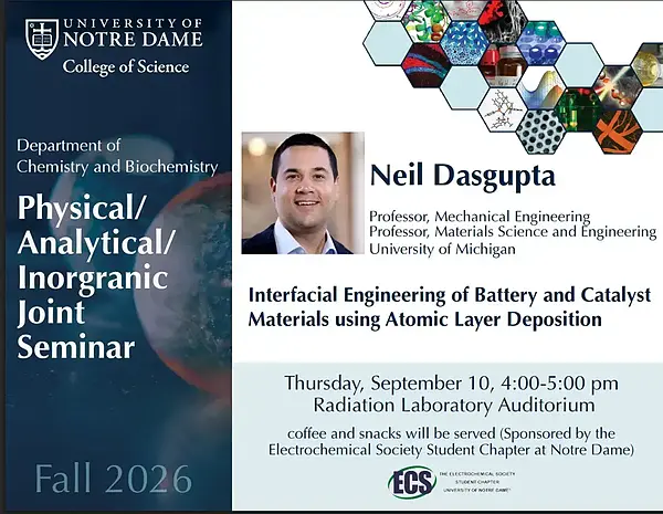 Neil Dasgupta smiling, Professor of Mechanical Engineering, University of Michigan, speaking at Notre Dame.